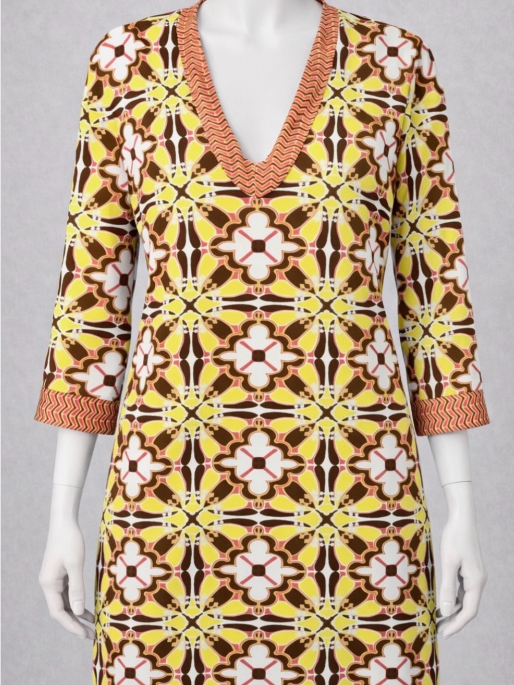 J. McLaughlin Yellow, Brown & White Geometric V-Neck Midi Dress